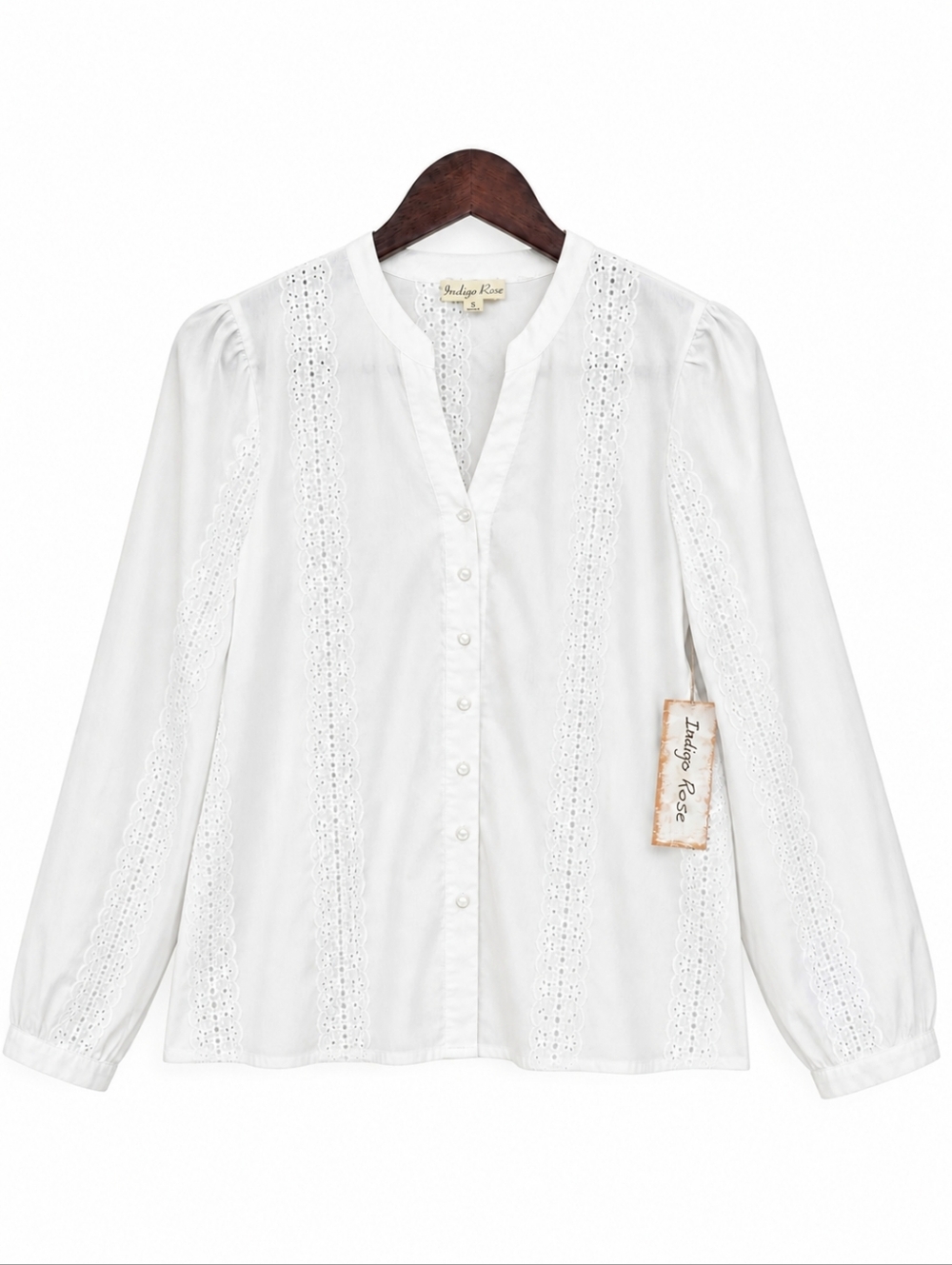 Indigo Rose White Eyelet Lace Blouse NWT Boho Cottagecore Split Neck Long Sleeve - Picture 2 of 16